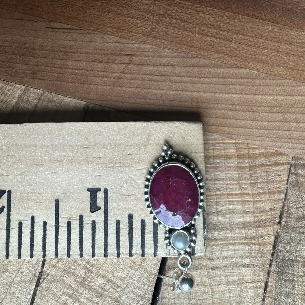 Vintage Artisan Stud Dangle Earrings 1.3 Inch Ruby Pearl 925 Sterling 10.4g‎